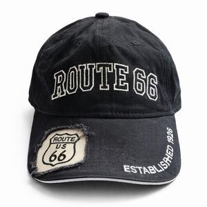 Route 66 Distressed Black Cap with Embroidered Patch